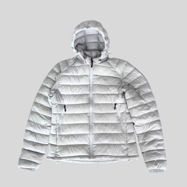 Arcteryx white puff down jacket with hood for Japan, Korea, China, Europe, New Zealand, Australia winter travel