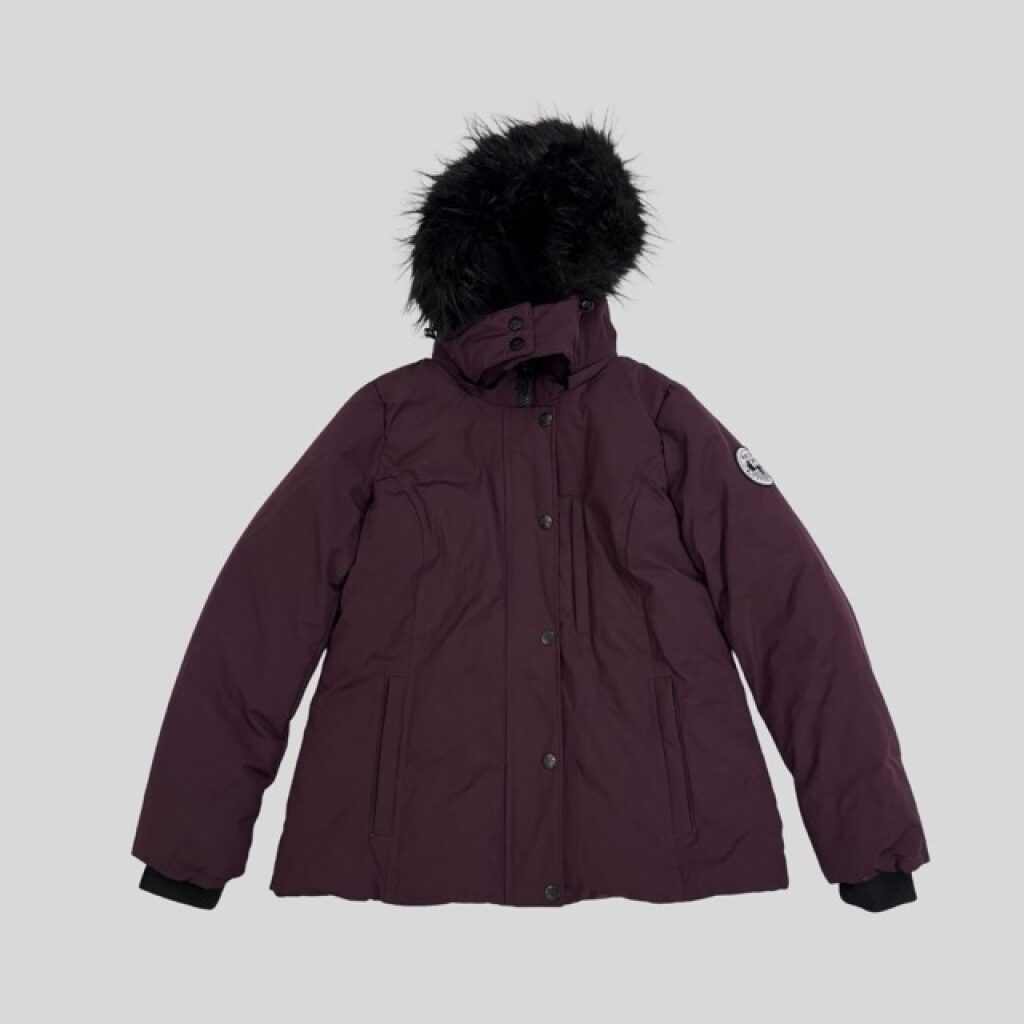Arctic Expedition purple short parka with fur hood for Harbin, Lapland and Scandinavia winter travel