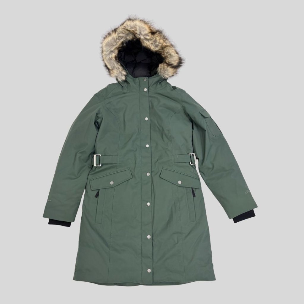 Eddie Bauer Olive green down coat with fur hood for Harbin, Lapland and Scandinavia winter travel