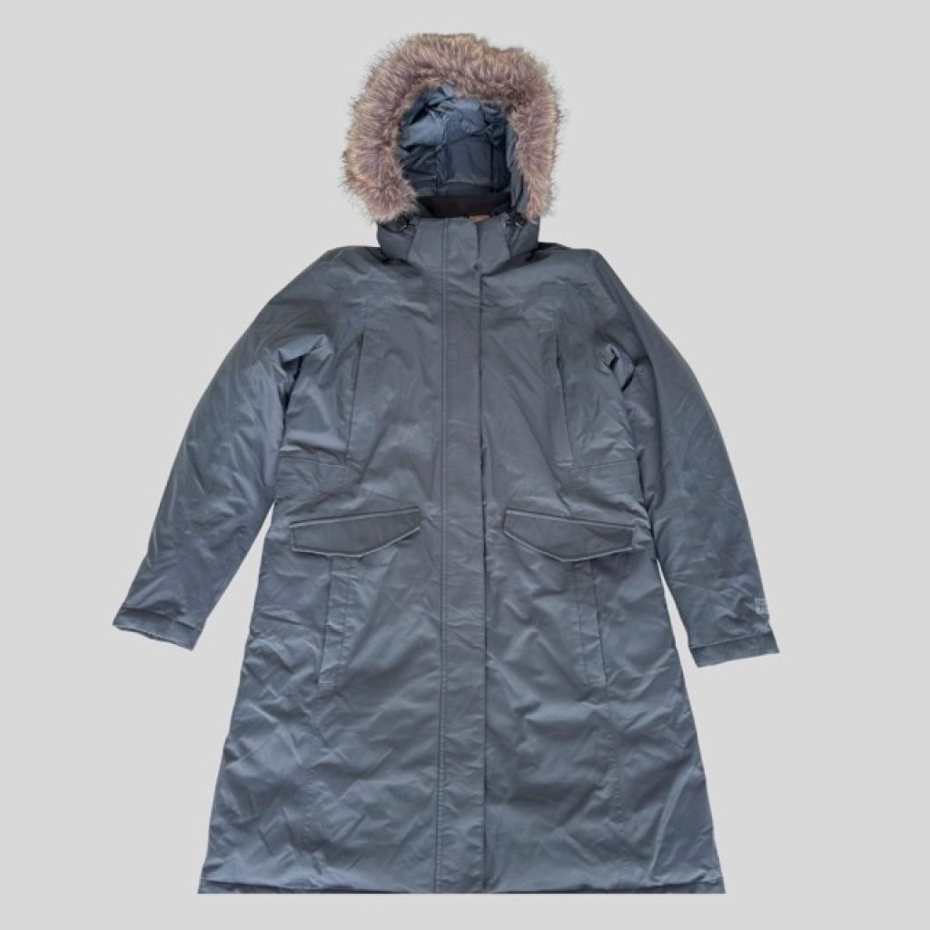 Eddie Bauer grey down parka with fur hood for Harbin, Lapland and Scandinavia winter travel