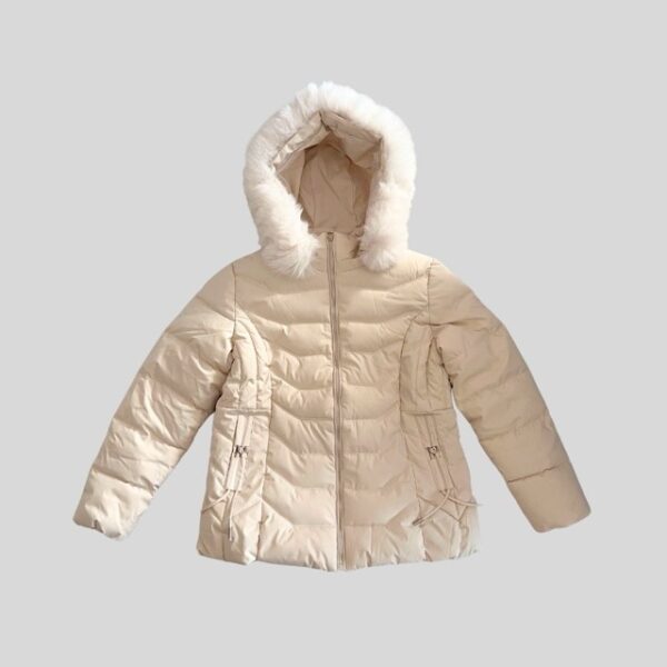 Korean brand white padded jacket with fur hood for Japan, Korea, China, Europe, New Zealand, Australia winter travel